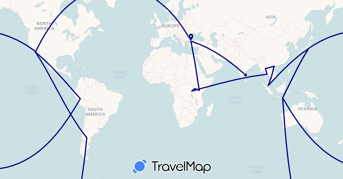 TravelMap itinerary: driving in Indonesia, India, Iraq, Japan, Kenya, Cambodia, Malaysia, Peru, Rwanda, Thailand, Turkey, Uganda, United States, Vietnam (Africa, Asia, North America, South America)
